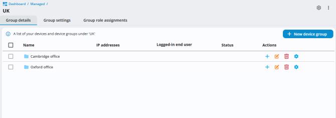 Device group details screen in 247connect showing two groups under UK: Cambridge office and Oxford office. Each row displays name, IP addresses, logged-in user, status and action icons for add, edit, delete and settings. A New device group button appears in the top right.